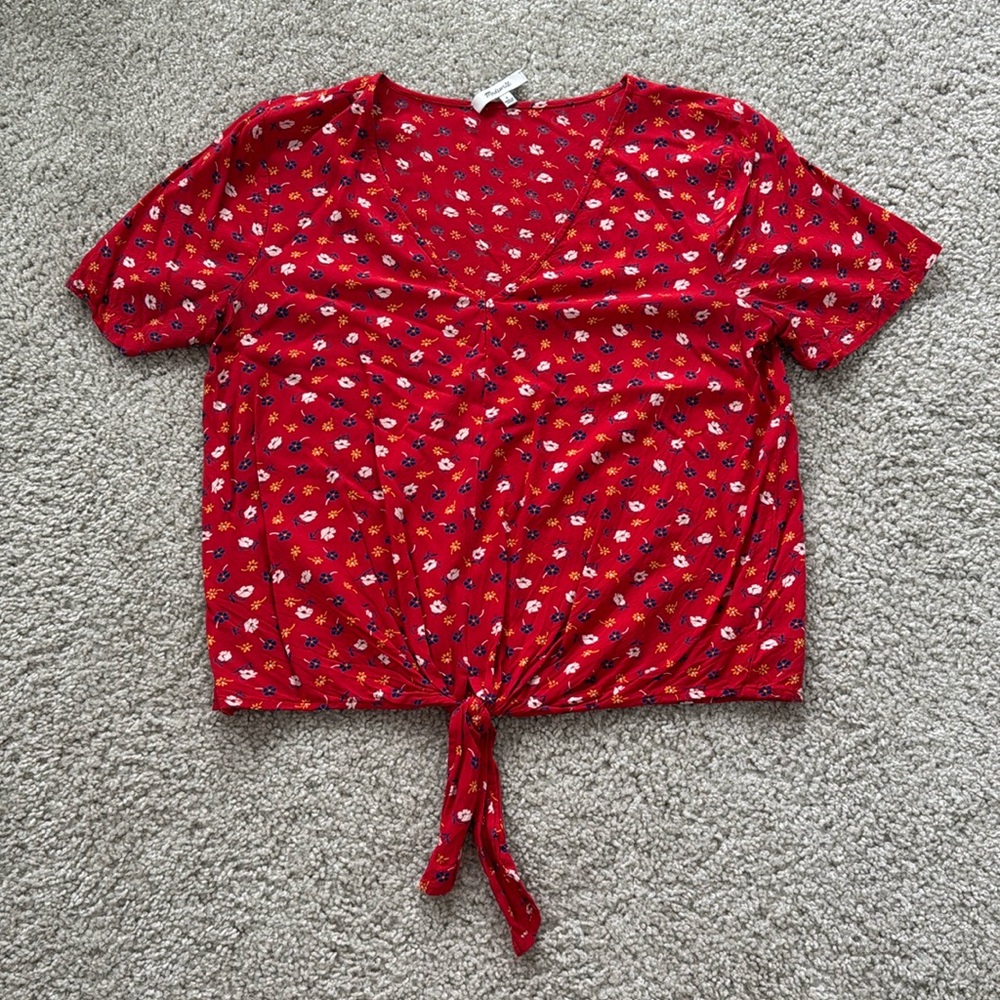 Madewell Floral Short Sleeve V-Neck Tie Blouse